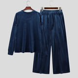 Wiaofellas  -  Men's Sets Solid Velour Shiny Long Sleeve T Shirt Pants Two Piece Sets Streetwear Loose Fashion Men Matching Sets