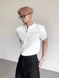 Wiaofellas  -  New Summer Men White Henry Neck Top Regular Shoulder Short Sleeve Polo Shirt Stylish Minimal Daily Casual Wear With High