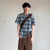 WIAOFELLAS  -  Fashion Men's Plaid Loose Turn Down Collar Casual Shirts Trendy 2025 Summer Single-breasted Short Sleeves Tops Male 2A0930