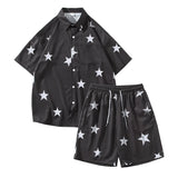 Wiaofellas  -  Summer Two-piece Men's Sets Shirt and Shorts Star Print Thin Silky Leisure Suit Clothes Oversize Outfits Male Black White