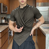 Wiaofellas  -  Men's Irregular T Shirt Solid Color Short Sleeve Button Male Tee Tops Summer Streetwear Knitted Fashion Men Clothes