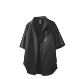 WIAOFELLAS  -  Niche Design Men's Shirts Turn-down Collar Line Zipper Patchwork Contrast Color Short Sleeved Loose Male Clothing