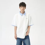 Wiaofellas  -  Korean Style Men's Fake Two Pieces T-shirts Polo Collar Vintage Short Sleeve Casual Male Pullover Tops Summer