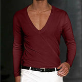 WIAOFELLAS  -  Spring Autumn Men's T-shirt Solid Color V-neck Long Sleeve Tops Tees Man Oversized Loose Fitness T-Shirts For Male Clothes