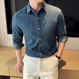 WIAOFELLAS  -  Autumn Spring Retro Popular Denim Shirt Men High Quality Pure Cotton Long Sleeve Men's Cowboy Shirts Casual One Pocket Jackets