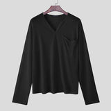 WIAOFELLAS  -  Men T Shirt Solid V Neck Long Sleeve Pockets Men Clothing Streetwear Loose Fashion Casual Male Tee Tops Translucent