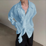 WIAOFELLAS  -  Men Shirt Solid Pleated Ruffle Lapel Long Sleeve Men Clothing Streetwear Loose Fashion Casual Tops Male Shirts S-5XL