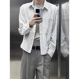 Wiaofellas  -  Trendy Long Sleeve Bubble Cloth High Intelligence Sensation Stripe American Style Spring Autumn Shirt Coat Men Women Model