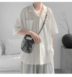 WIAOFELLAS  -  Korean Style Men's Shirts Lapel Hollow Out Knitting Single Breasted Tops Short Sleeved Pocket Loose Male Tops Trend
