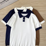 Wiaofellas  -  Loose Fit  Short Sleeve Knitted T-Shirt Men Summer Cool Breathable Shoulder Collision Color Collar Unisex Top