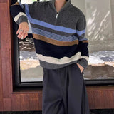 WIAOFELLAS  -  Fall Winter New Casual Knit Polo Sweaters Men Vintage Striped Crochet Knitting Jumper Tops Mens Trendy Long Sleeve Slim Sweater