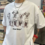 WIAOFELLAS  -  Men's Casual T-Shirt Cotton Fashionable Trendy Hip-Hop Street Dog Pattern Printed American Style Short Tops Spring Summer