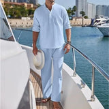 Wiaofellas  -  Men's Cotton and Linen Shirt Long Pants Two-piece Set Fashionable Henry Collar Long Sleeved Shirt Casual Vacation Beach Pants