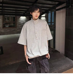 WIAOFELLAS  -  Fashion Men's Solid Color Button American Style T-shirt Trendy Stand Colar Short Sleeves Casual Top Male 2025 Summer