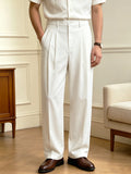 Wiaofellas  -  Spring Summer Solid Woven Italian Style Suit Pants, Men Loose Straight Leg Elegant Casual Formal Trousers for Daily Wear