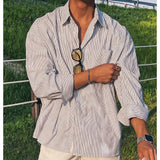 Wiaofellas  -  Men's Blue Vertical Striped Long-Sleeved Shirt, Korean Style High Quality Casual  Shirt Coat， Travel ，Hiking