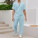 WIAOFELLAS  -  Men Sets Solid Color V Neck Short Sleeve T Shirt & Pants Two Pieces Sets Summer Streetwear 2025 Loose Fashion Men Suits