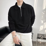Wiaofellas  -  Men Lapel Half Zip Polo Sweatshirt Long Sleeve Loose Casual Ins Fashion Pullover Tops