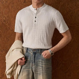 Wiaofellas  -  Men's Henley Short Sleeve Knit T-Shirt Summer Breathable Cable Texture Slim Fit Old Money Style Top Youth Street Tees