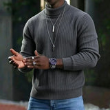 Wiaofellas  -  Vintage Turtleneck Knitting Sweater Mens Autumn Winter Ribbed Texture Knit Pullover Daily Casual Trendy Tops For Men