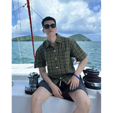 Wiaofellas  -  New Lazy - style Plaid Loose Short - sleeve Shirt for Men, Casual Beach Vacation Linen - like Breathable Top