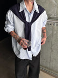 Wiaofellas  -  Men Blue Striped Long Sleeve Shirt Detachable Shawl Design American Style Loose Oversized Casual Tops Fashion Trend Retro