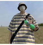 WIAOFELLAS  -  Japanese Striped Spliced Short-sleeved Shirt Summer Cityboy O-Neck T-shirt Oversize Pure Cotton Green Shirt Preppy Streetwear