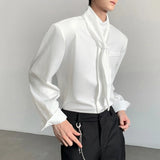 WIAOFELLAS  -  Men Shirt Solid Color Stand Collar Long Sleeve Men Clothing With Tie Streetwear Loose 2026 Fashion Casual Men Clothing