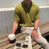 WIAOFELLAS  -  Fashion Solid Color Ribbed Knit Polo Shirt Men Slim Fit Short Sleeve Tops Tee  Summer Temperament Youth Polos Tshirts Clothing