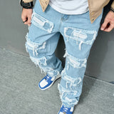 Wiaofellas  -  Autumn Stylish Men Ripped Patch Spliced Hip Hop Jeans Streetwear Loose Male Straight Denim Pants Trousers