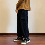 WIAOFELLAS  -  Men's Clothing Solid Color Elastic High Waist Pockets Spring Autumn Trousers Cargo Korean Fashion Casual Loose Straight Pants
