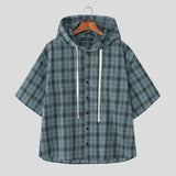 WIAOFELLAS  -  Men Plaid Shirt Hooded Short Sleeve Loose Casual Men Clothing Summer Korean Style Streetwear 2025 Male Shirts Tops S-5XL