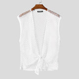 WIAOFELLAS  -  Summer Men Tank Tops Mesh Hollow Out Sleeveless V Neck Lace Up Male Vests 2025 See Through Vacation Cardigan Men S-5XL