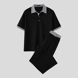 WIAOFELLAS  -  Men Sets Patchwork Lapel Short Sleeve T Shirt & Pants Two Pieces Sets Streetwear Loose Fashion Men's Casual Suits