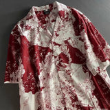 Wiaofellas  -  Men's Black White Floral Print Lapel Short Sleeve Shirt Casual Loose Vintage Blouse