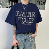 WIAOFELLAS  -  Beading Decoration Men's Tees Round Collar Letter Design Contrast Color Short Sleeved Loose Pullover Male T-shirts