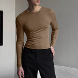 WIAOFELLAS  -  Men T Shirt Solid Color O-neck Long Sleeve Autumn Casual Male Tee Tops Streetwear Knitted Korean Style Men Clothing