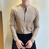 WIAOFELLAS  -  Luxury Long Sleeved Striped Men's Dress Shirt Stylish Business Stand Collar Slim Men Shirts Party Social Formal Mens Clothing