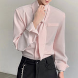 WIAOFELLAS  -  Men Shirt Solid Color Stand Collar Long Sleeve Men Clothing With Tie Streetwear Loose 2026 Fashion Casual Men Clothing
