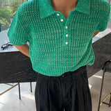 WIAOFELLAS  -  Mens Knit Polo Shirt Textured Weave Hollow Korean Niche Summer Short Sleeve Top Breathable Thin Relaxed Fit lapel Daily Mens Top