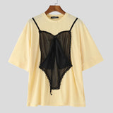 WIAOFELLAS  -  Men T Shirt Lace Patchwork O-neck Short Sleeve Loose Male Tee Tops Streetwear Summer 2025 Fashion Men Clothing S-5XL