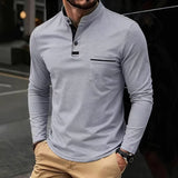 Wiaofellas  -  Men Stand Collar Henry Long Sleeve Polo Shirt Soft Fabric Pocket Casual Spring Daily Tops