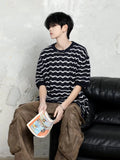 Wiaofellas  -  Casual Style Tops Men Knitting Pit Striped Stylish Contrast Color Round Collar Short Sleeve Knitting T-shirts D110