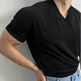 Wiaofellas  -  Summer New Men's Solid Color V-Neck T-Shirt American Retro Fashion Trend Simple Casual Loose Breathable Niche Men's Tops
