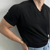 WIAOFELLAS  -  Summer New Men's Solid Color V-Neck T-Shirt American Retro Fashion Trend Simple Casual Loose Breathable Niche 2025 Men's Tops