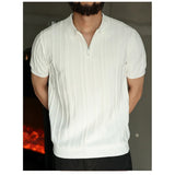 Wiaofellas  -  Summer Men's Knitted Polo Shirt Zipper Loose Short Sleeve Striped Vintage American Style Commute Casual Fashion T-Shirt