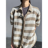 WIAOFELLAS  -  Fashion Summer Men's Striped Contrast Color Knit Sweater Trendy Casual Single-breasted Lapel Short Sleeves Tops Male