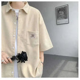 WIAOFELLAS  -  Fashion Men's Solid Color Pocket Design Short Sleeves Blouse Trendy Single-breasted Lapel Casual Shirts Male Summer