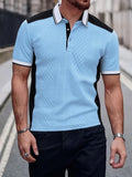WIAOFELLAS  -  Stylish Contrast Color Textured Tops Men Vintage Button-up Lapel Patchwork Polo Shirt For Mens Summer Vintage Short Sleeve Polos