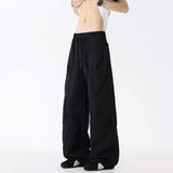WIAOFELLAS  -  Simple Men's Cargo Pants Zipper Patchwork Elastic Waist Wide Leg Bottom Straight Drawstring Loose Male Trousers 24K4252